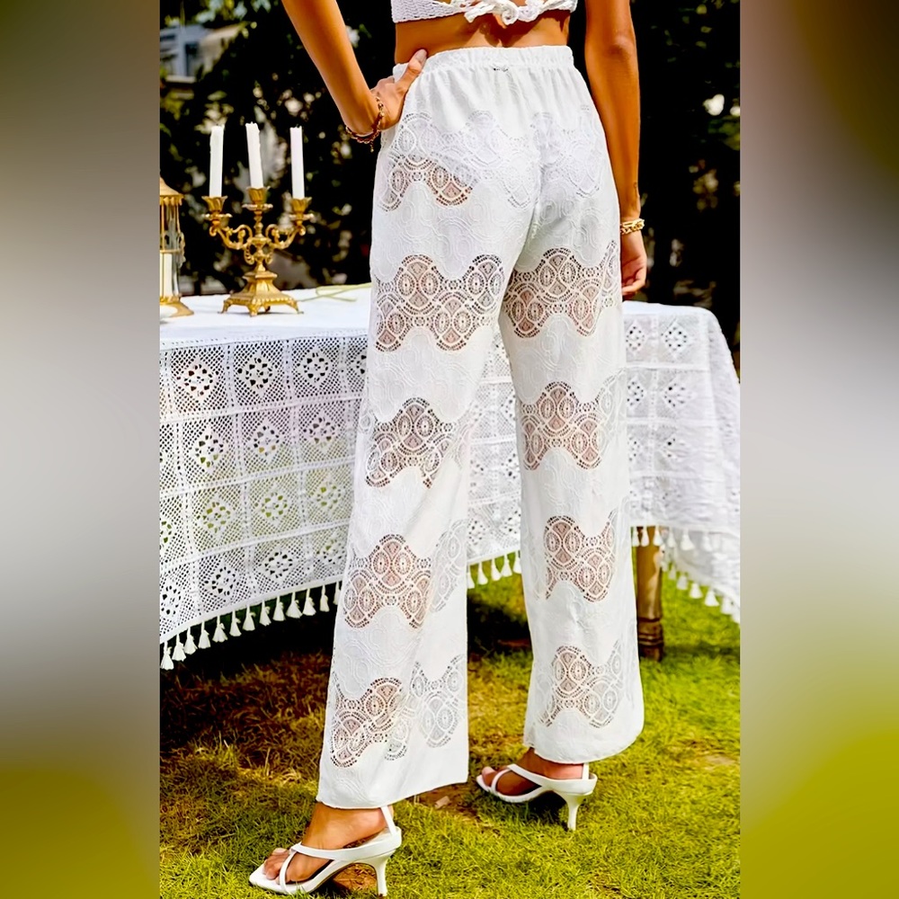 ‏ Wide Leg, High Waist Loose White Beach Pants - Picture 3 of 3